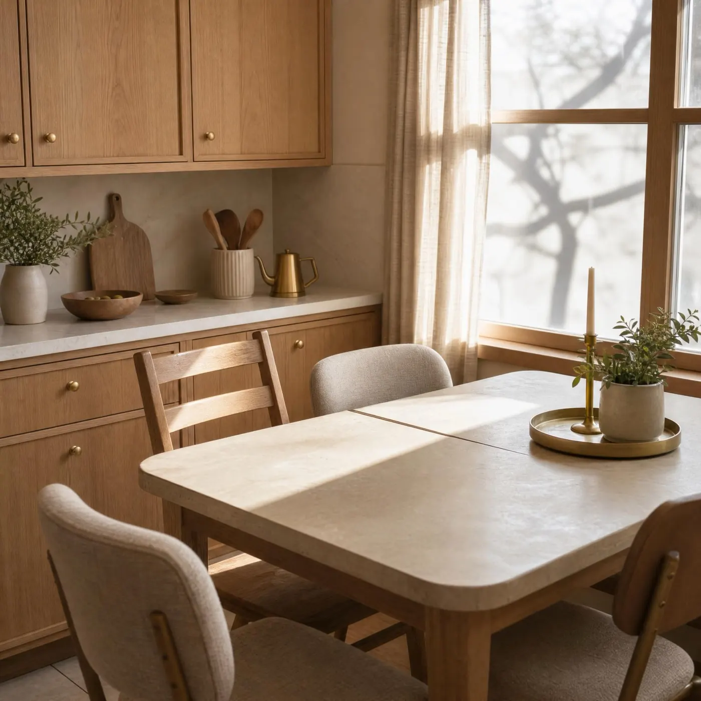A kitchen dining nook restyled in light oak and cream