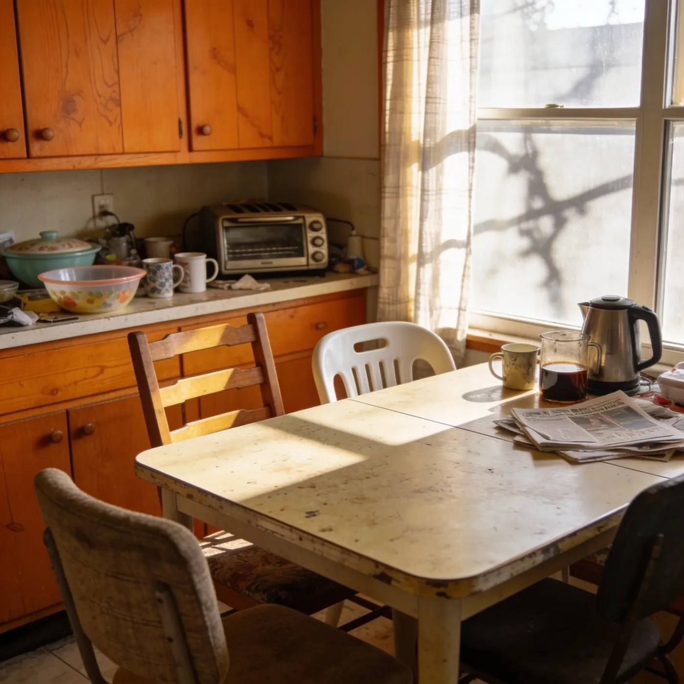 A cluttered kitchen with orange cabinets and a worn table